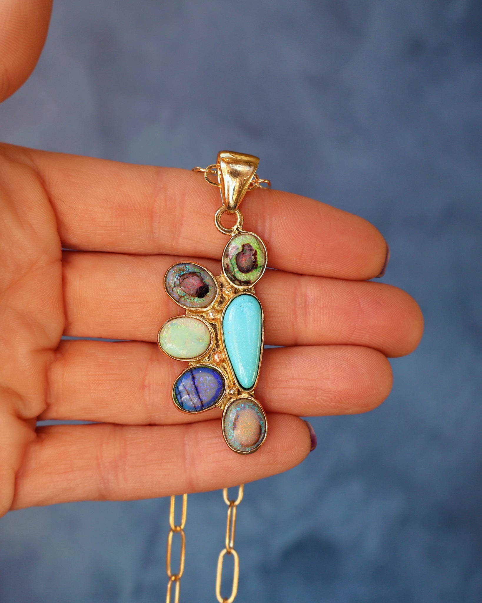 Wild Thistle Necklace Turquoise & Opal Pendant on Paperclip Chain WT159