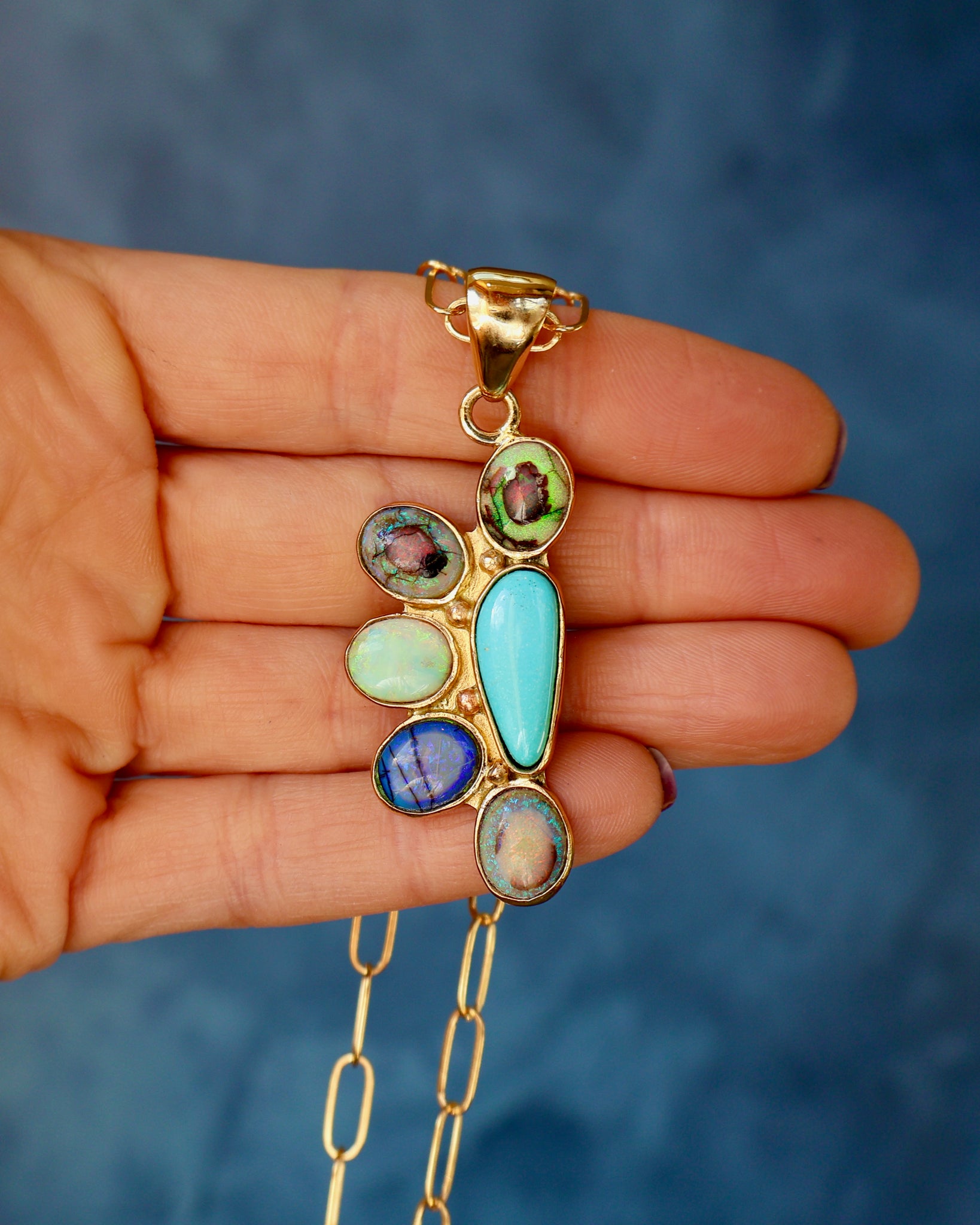 Wild Thistle Necklace Turquoise & Opal Pendant on Paperclip Chain WT159
