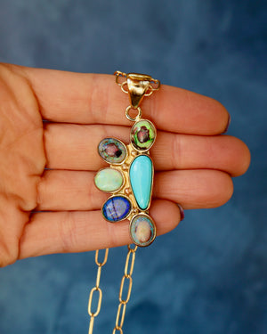Wild Thistle Necklace Turquoise & Opal Pendant on Paperclip Chain WT159