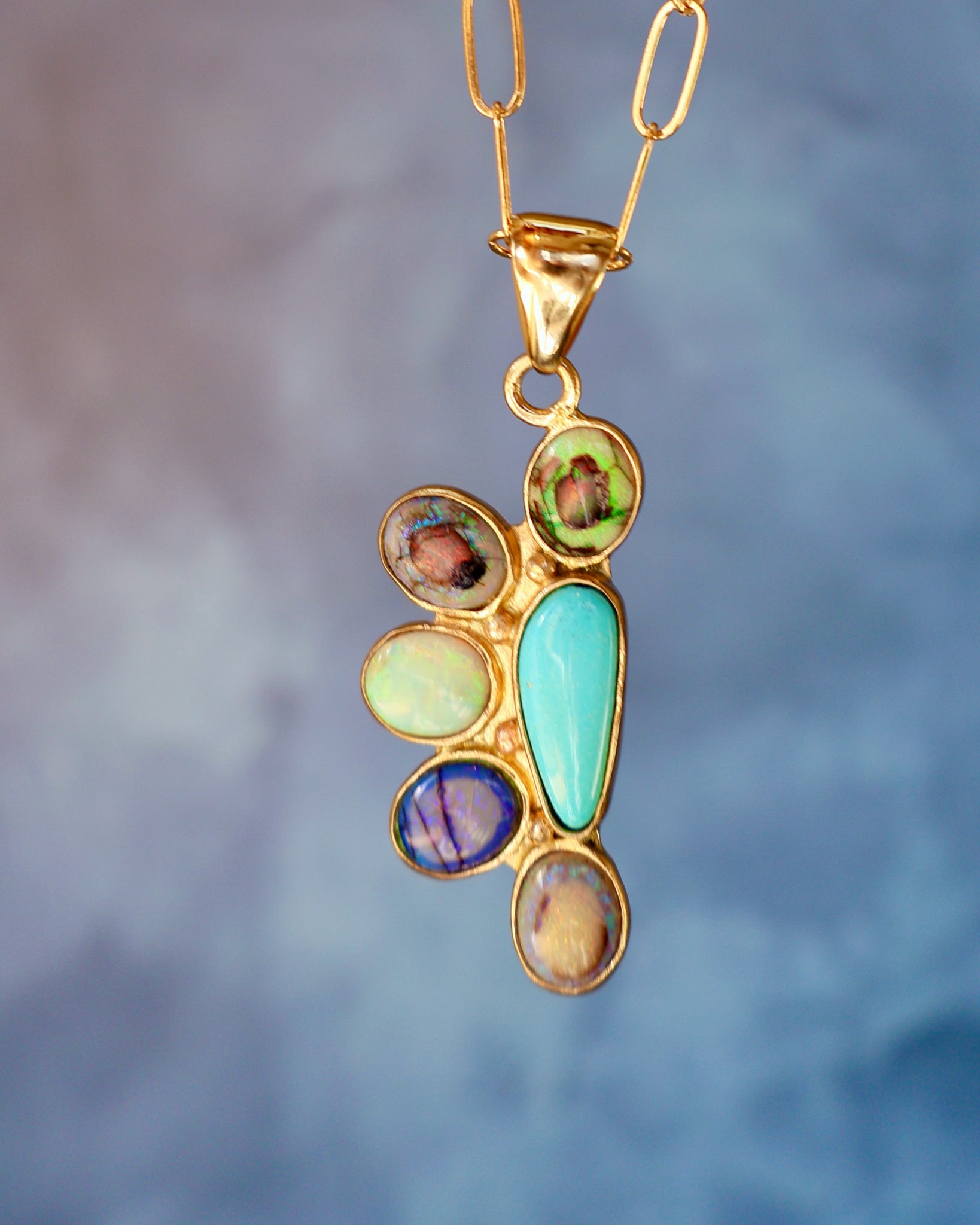 Wild Thistle Necklace Turquoise & Opal Pendant on Paperclip Chain WT159