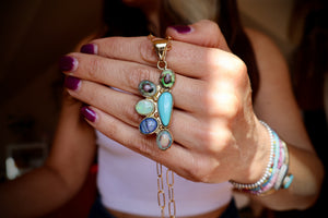 Wild Thistle Necklace Turquoise & Opal Pendant on Paperclip Chain WT159