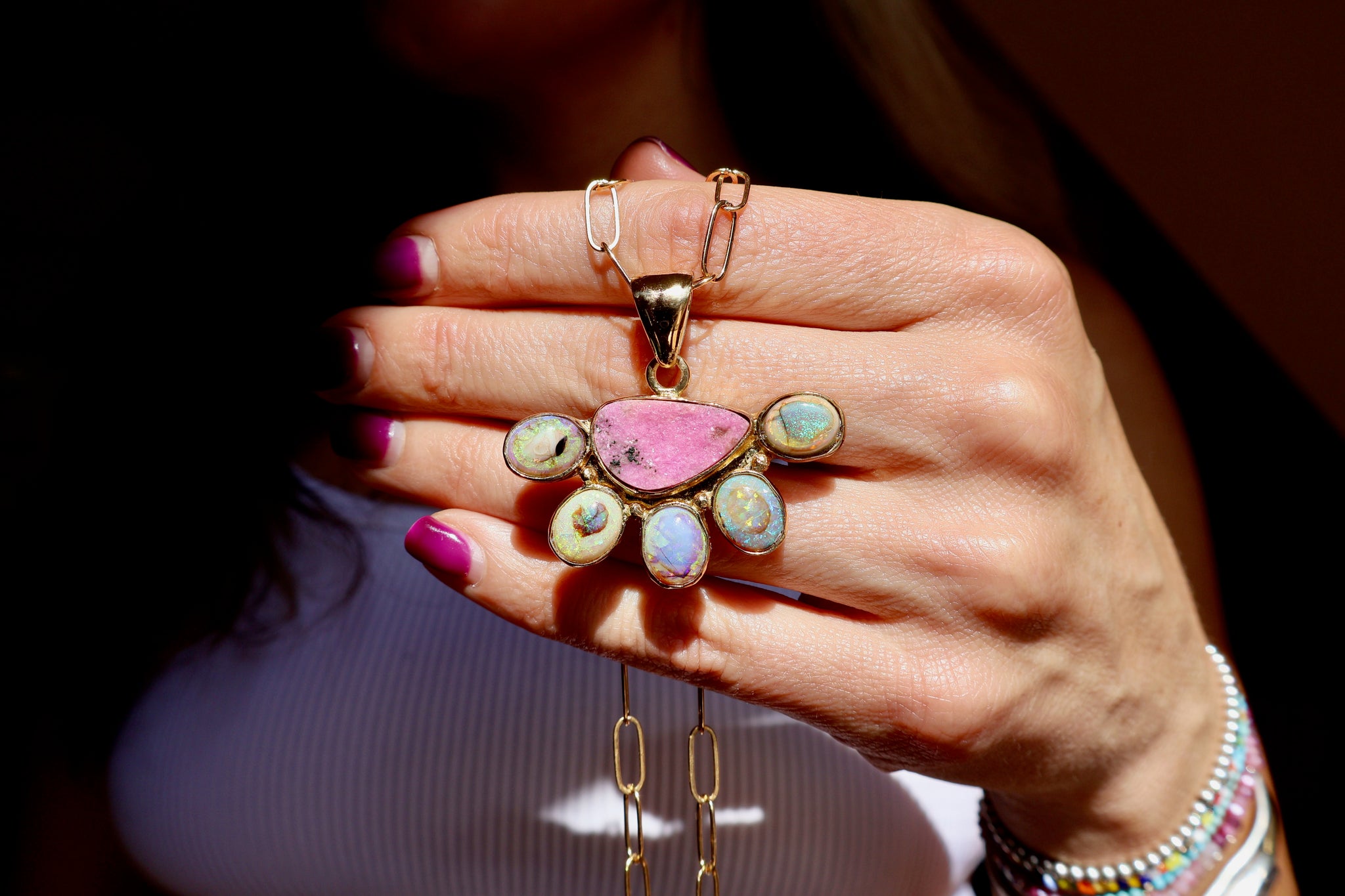 Wild Thistle Necklace Cobalto Calcite & Opal Pendant on Paperclip Chain WT160