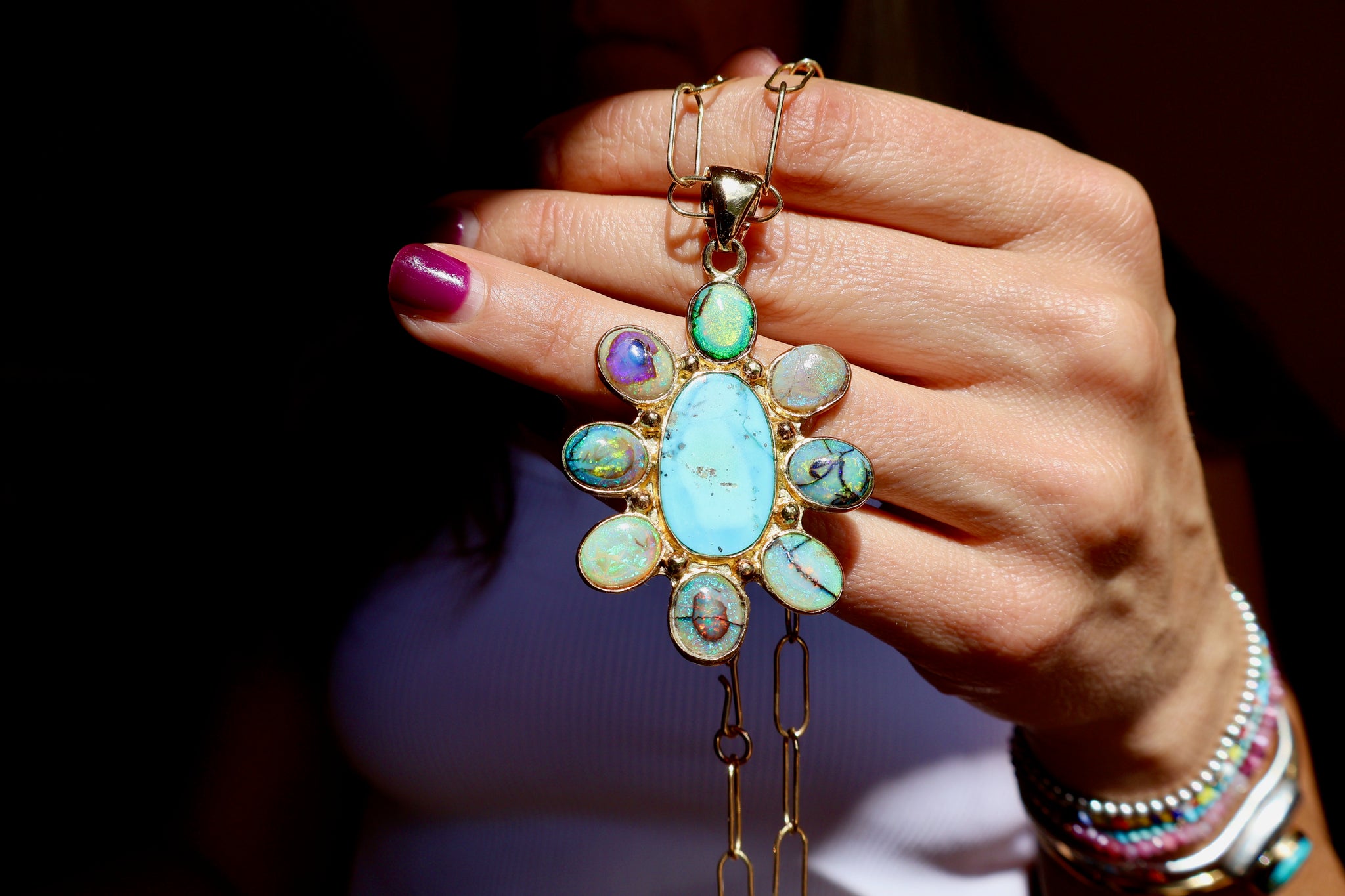 Wild Thistle Necklace Turquoise & Opal Pendant on Paperclip Chain WT158