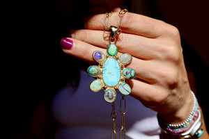 Wild Thistle Necklace Turquoise & Opal Pendant on Paperclip Chain WT158