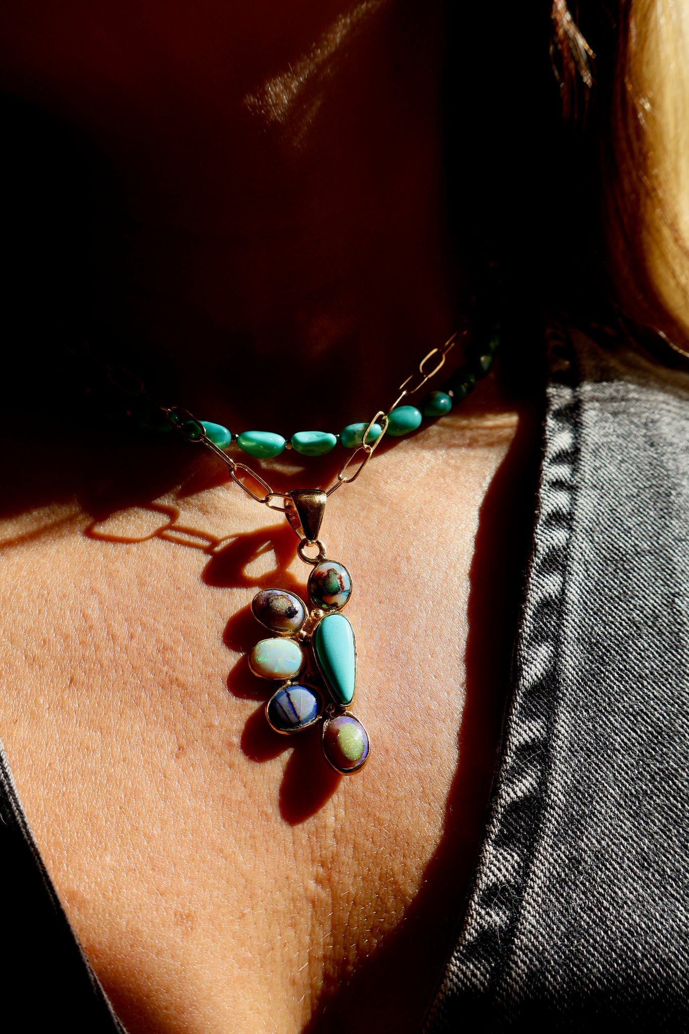 Wild Thistle Necklace Turquoise & Opal Pendant on Paperclip Chain WT159