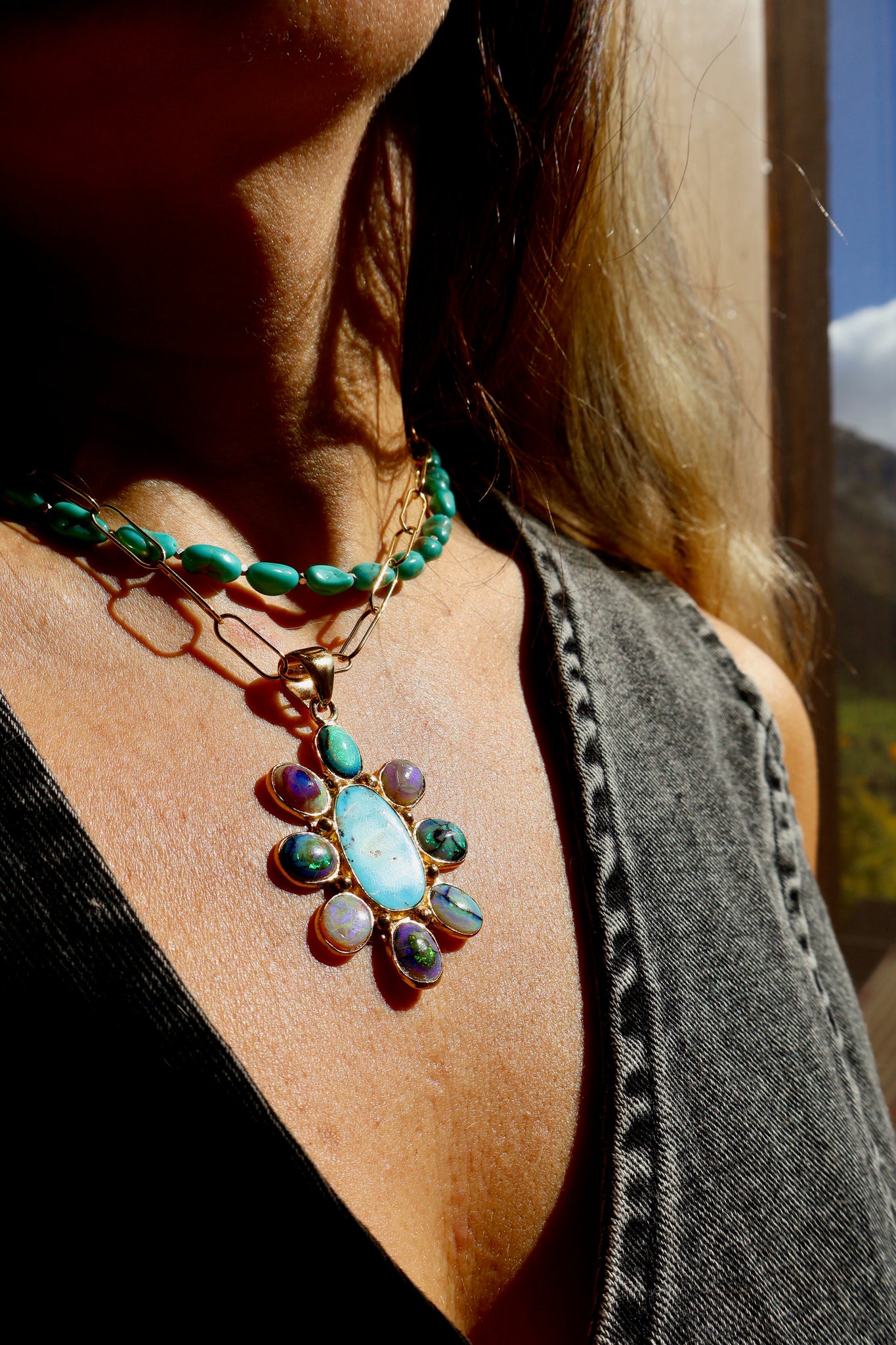 Wild Thistle Necklace Turquoise & Opal Pendant on Paperclip Chain WT158