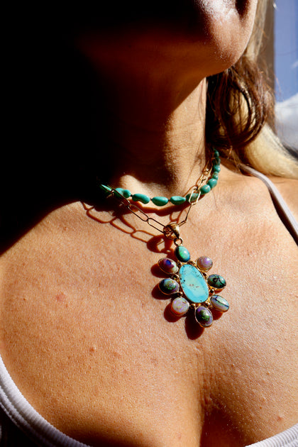 Wild Thistle Necklace Turquoise & Opal Pendant on Paperclip Chain