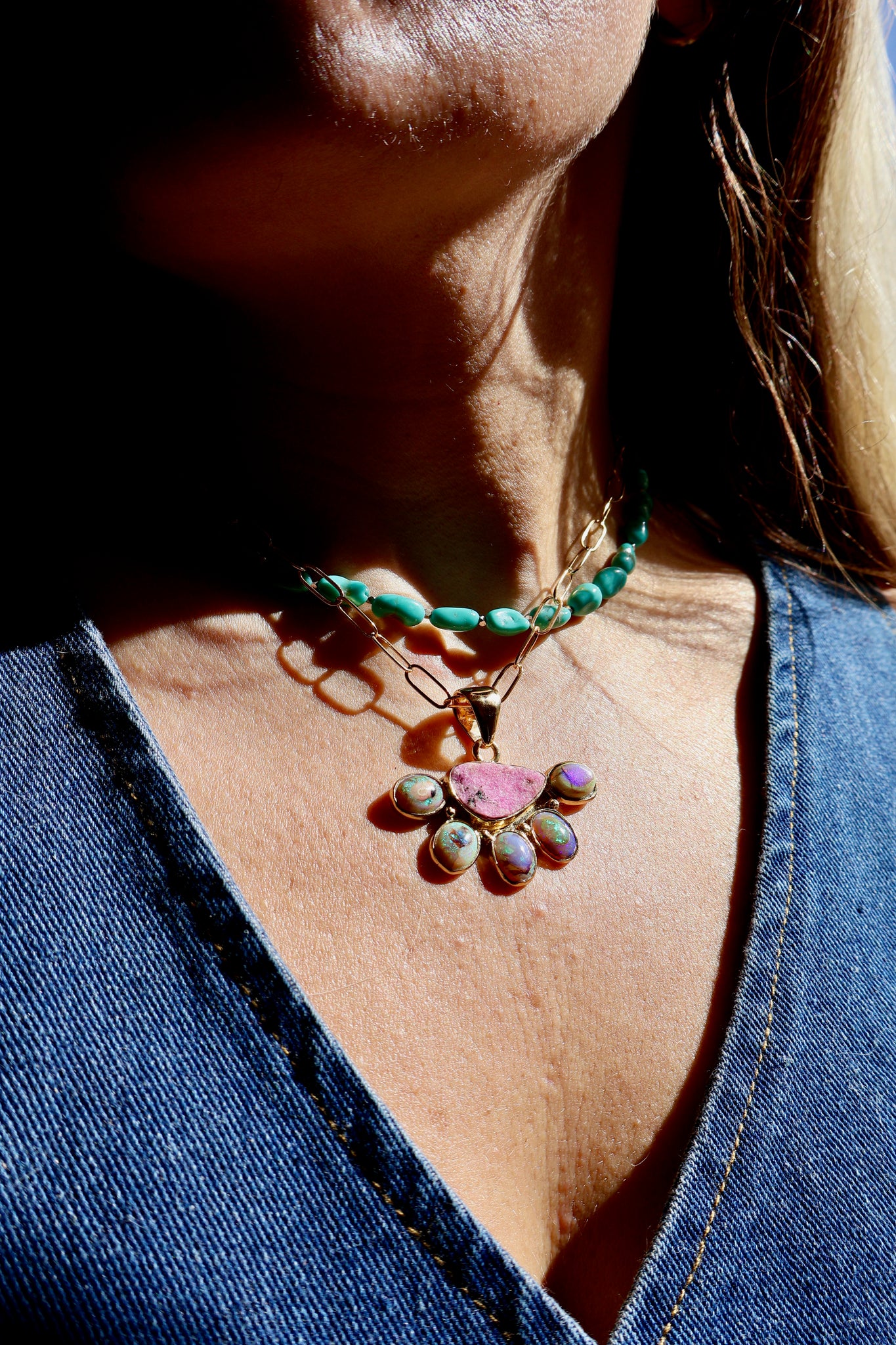 Wild Thistle Necklace Cobalto Calcite & Opal Pendant on Paperclip Chain WT160