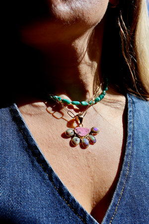 Wild Thistle Necklace Cobalto Calcite & Opal Pendant on Paperclip Chain WT160