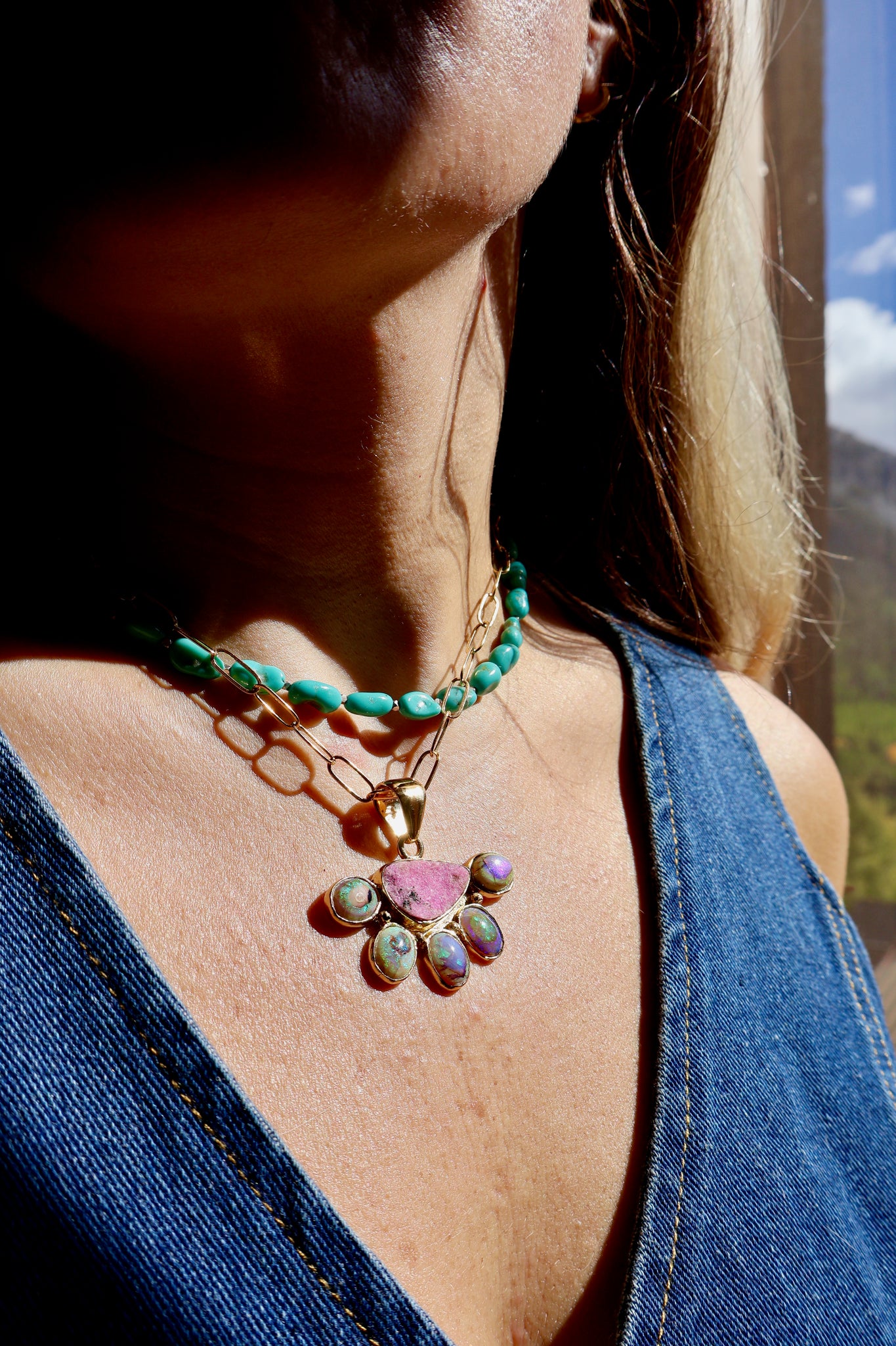 Wild Thistle Necklace Cobalto Calcite & Opal Pendant on Paperclip Chain WT160