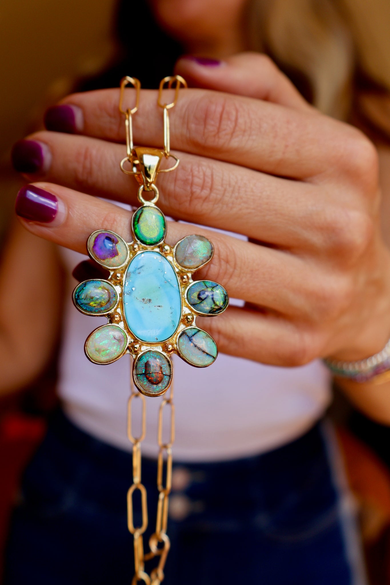 Wild Thistle Necklace Turquoise & Opal Pendant on Paperclip Chain WT158