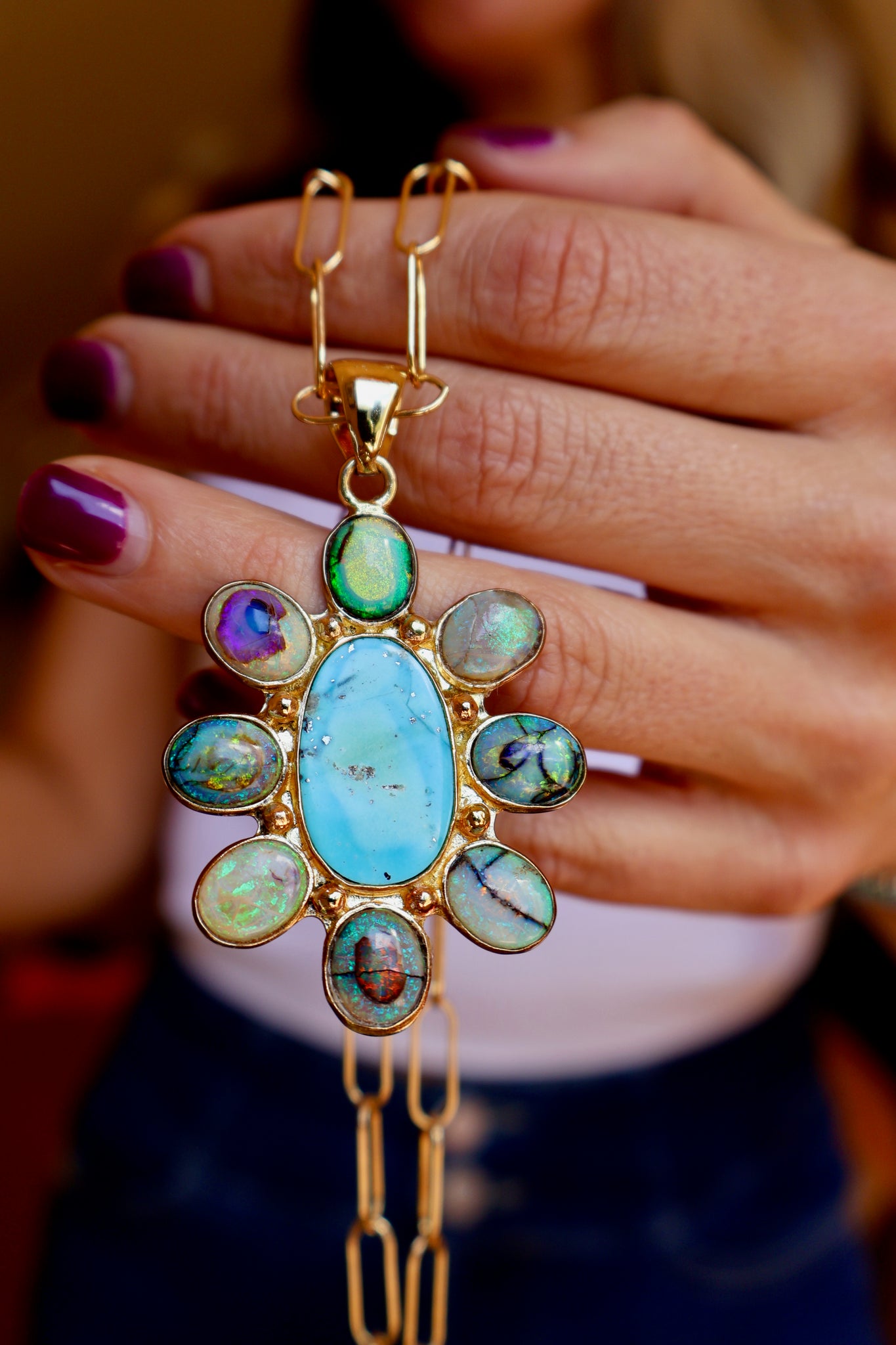 Wild Thistle Necklace Turquoise & Opal Pendant on Paperclip Chain WT158