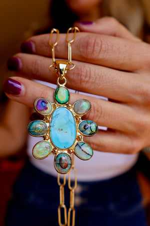 Wild Thistle Necklace Turquoise & Opal Pendant on Paperclip Chain WT158