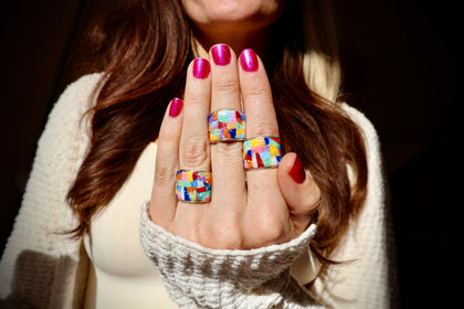 Rainbow Mosaic Signet Ring Sterling Silver & Opal