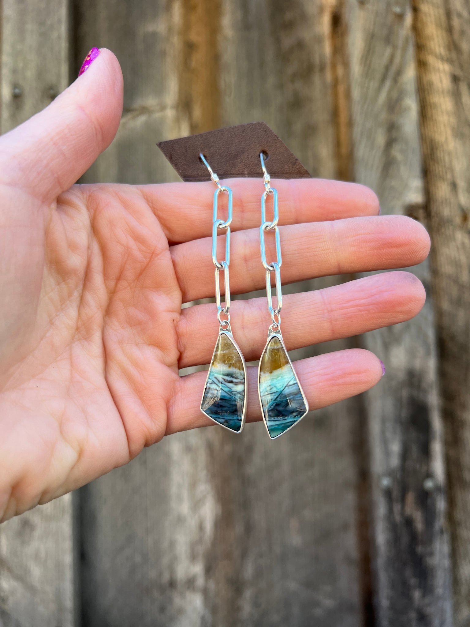 Opalized Wood & Sterling Silver Paperclip Earring D66