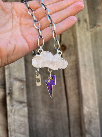 Lightning Storm Necklace- Druzy & Mojave Turquoise in Sterling Silver