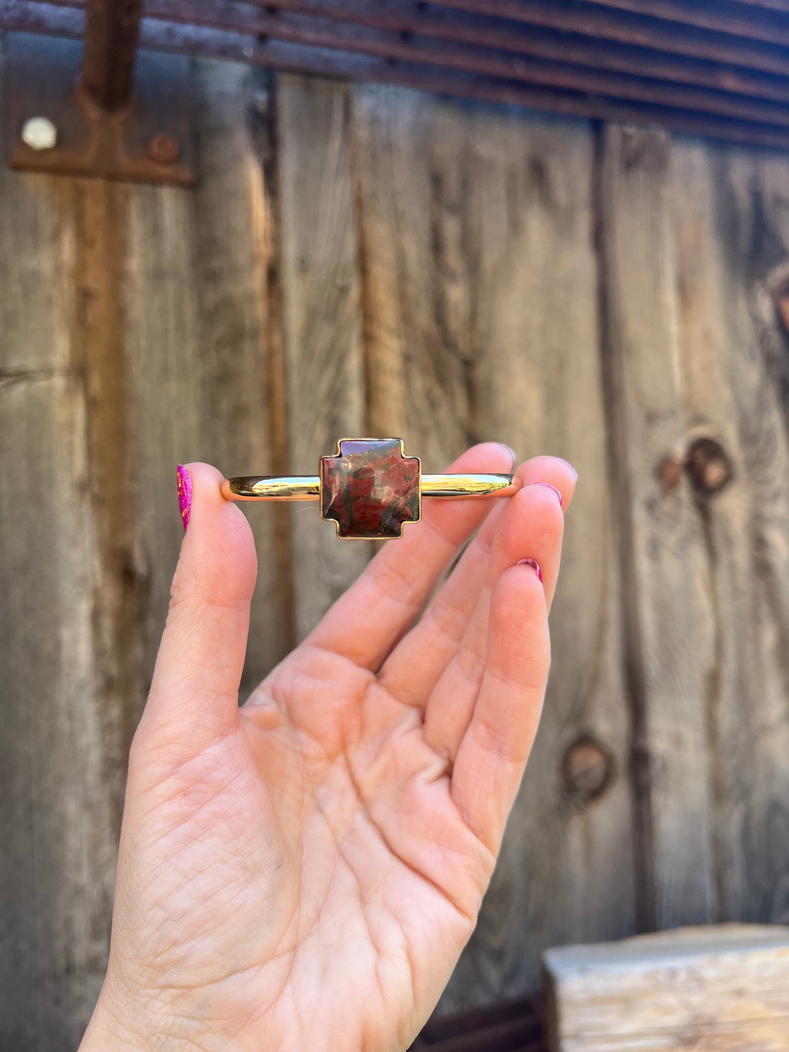 Red Creek Jasper Alpine Cross & Gold Alchemia Cuff Bracelet