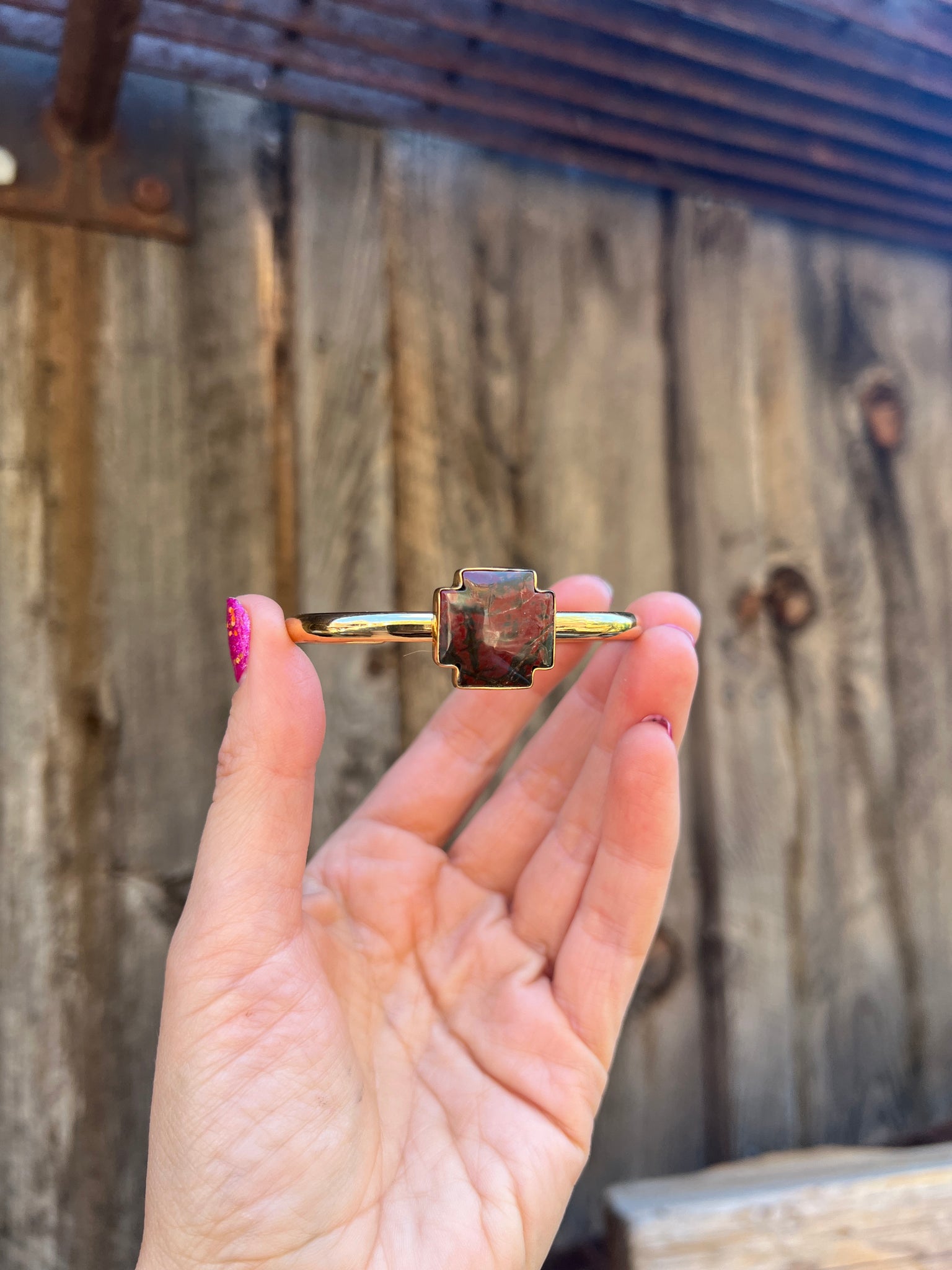 Red Creek Jasper Alpine Cross & Gold Alchemia Cuff Bracelet