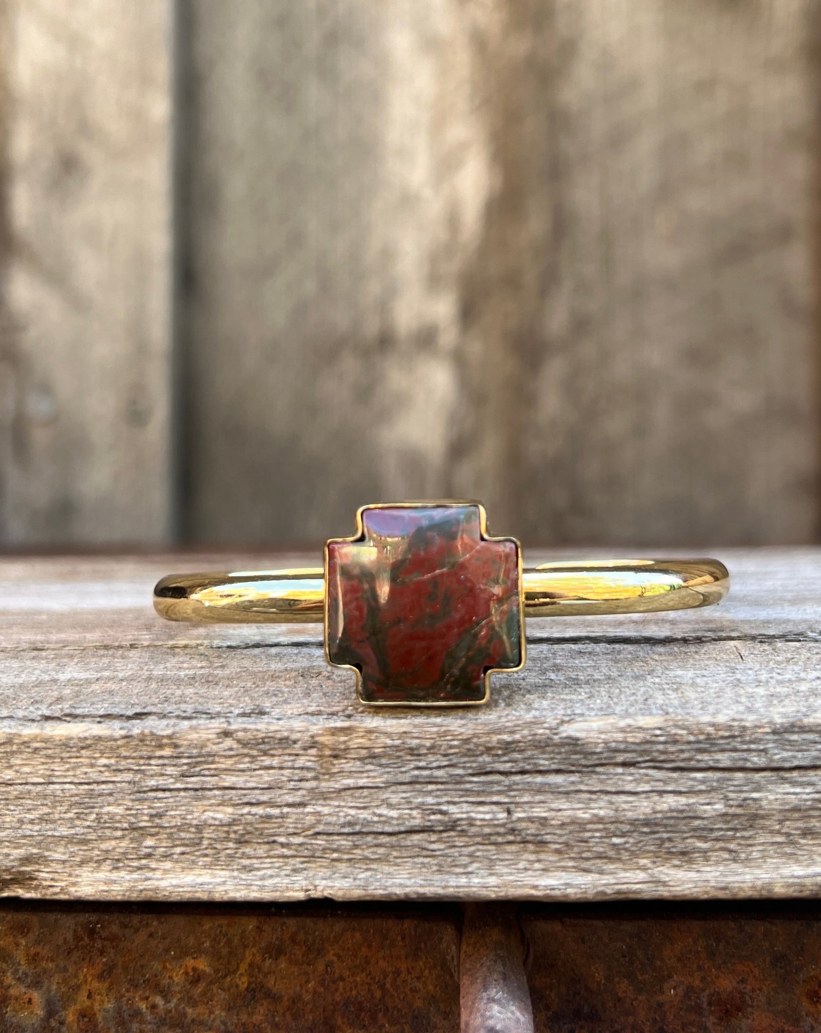 Red Creek Jasper Alpine Cross & Gold Alchemia Cuff Bracelet