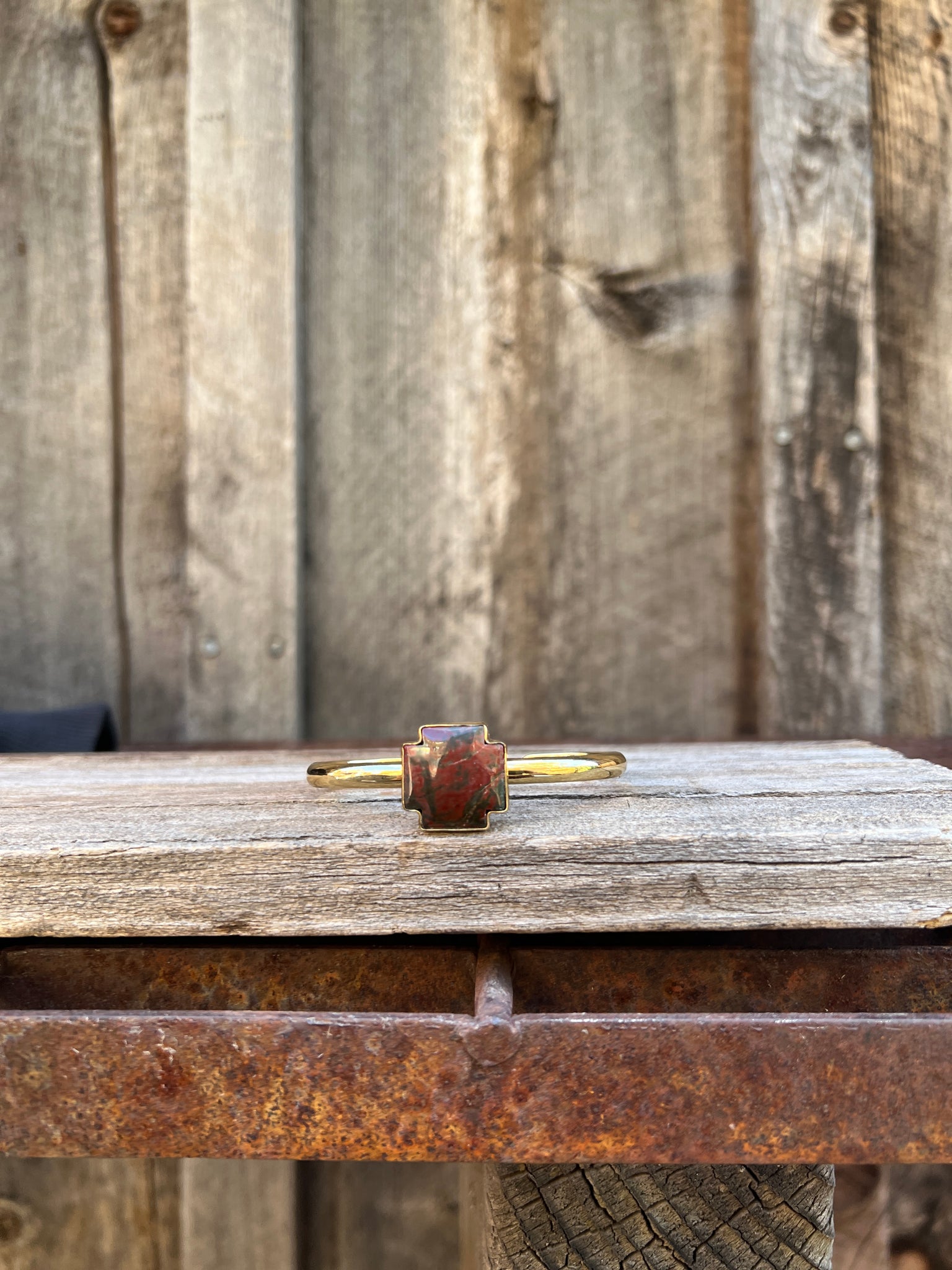 Red Creek Jasper Alpine Cross & Gold Alchemia Cuff Bracelet