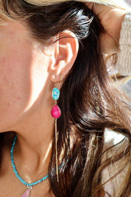 Pink Druzy & Turquoise Sparkling Snake Chain Earrings in Gold Alchemia