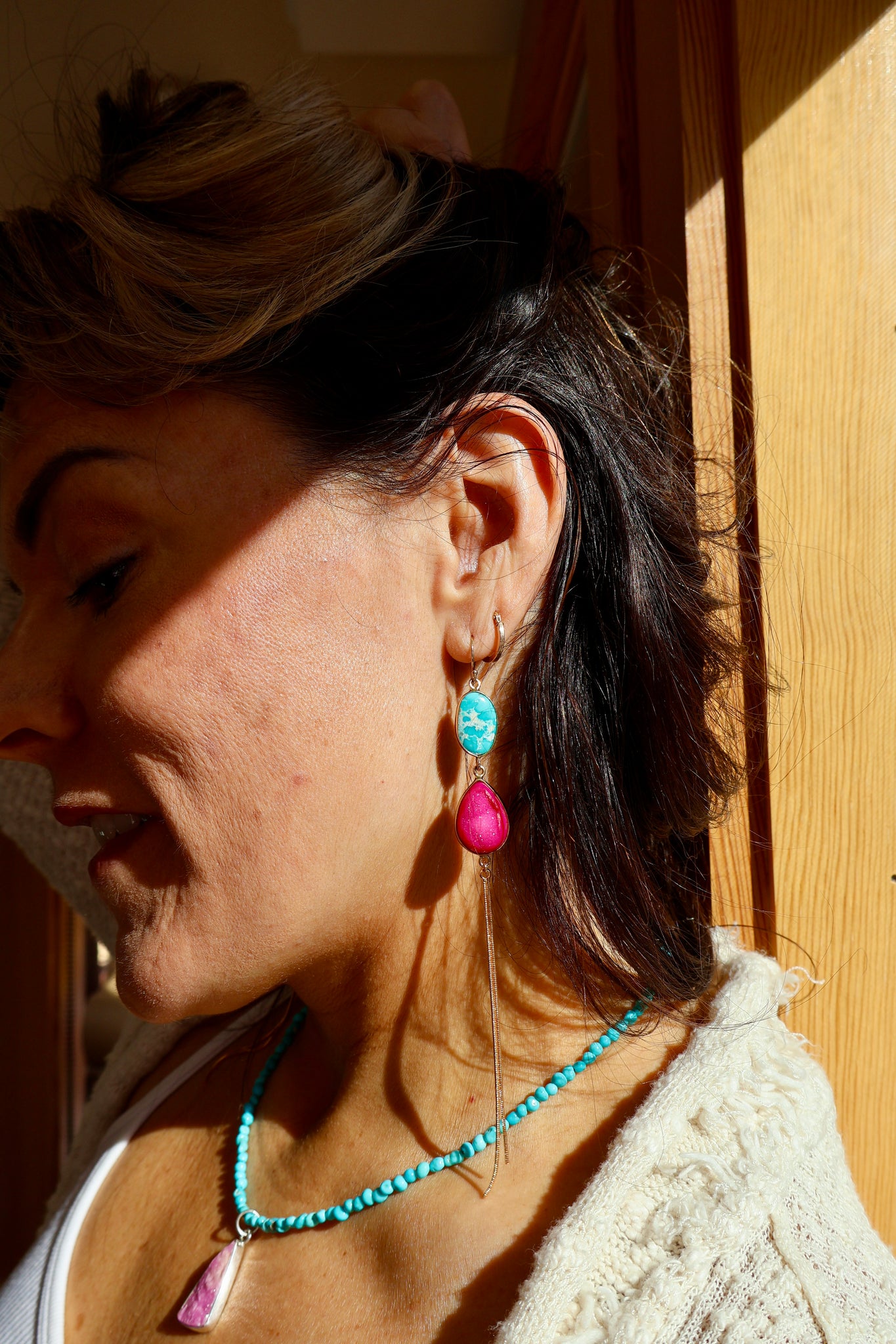 Pink Druzy & Turquoise Sparkling Snake Chain Earrings in Gold Alchemia H17