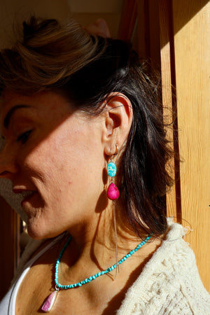 Pink Druzy & Turquoise Sparkling Snake Chain Earrings in Gold Alchemia H17