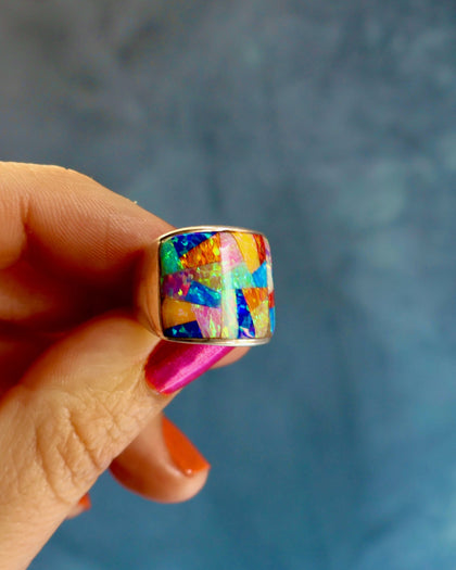 Rainbow Mosaic Signet Ring Sterling Silver & Opal