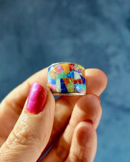Rainbow Mosaic Signet Ring Sterling Silver & Opal