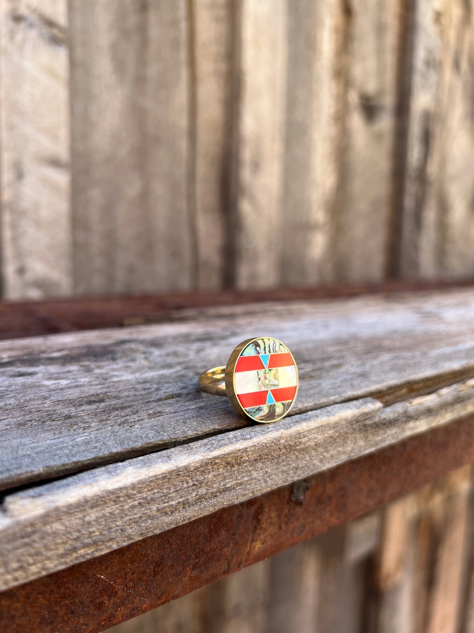 Taos Turquoise, Mother of Pearl & Abalone Inlay Design Ring in Gold Alchemia Adjustable T1