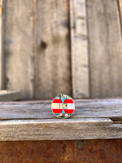 Taos Turquoise, Mother of Pearl & Abalone Inlay Design Ring in Gold Alchemia Adjustable