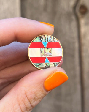 Taos Turquoise, Mother of Pearl & Abalone Inlay Design Ring in Gold Alchemia Adjustable T1