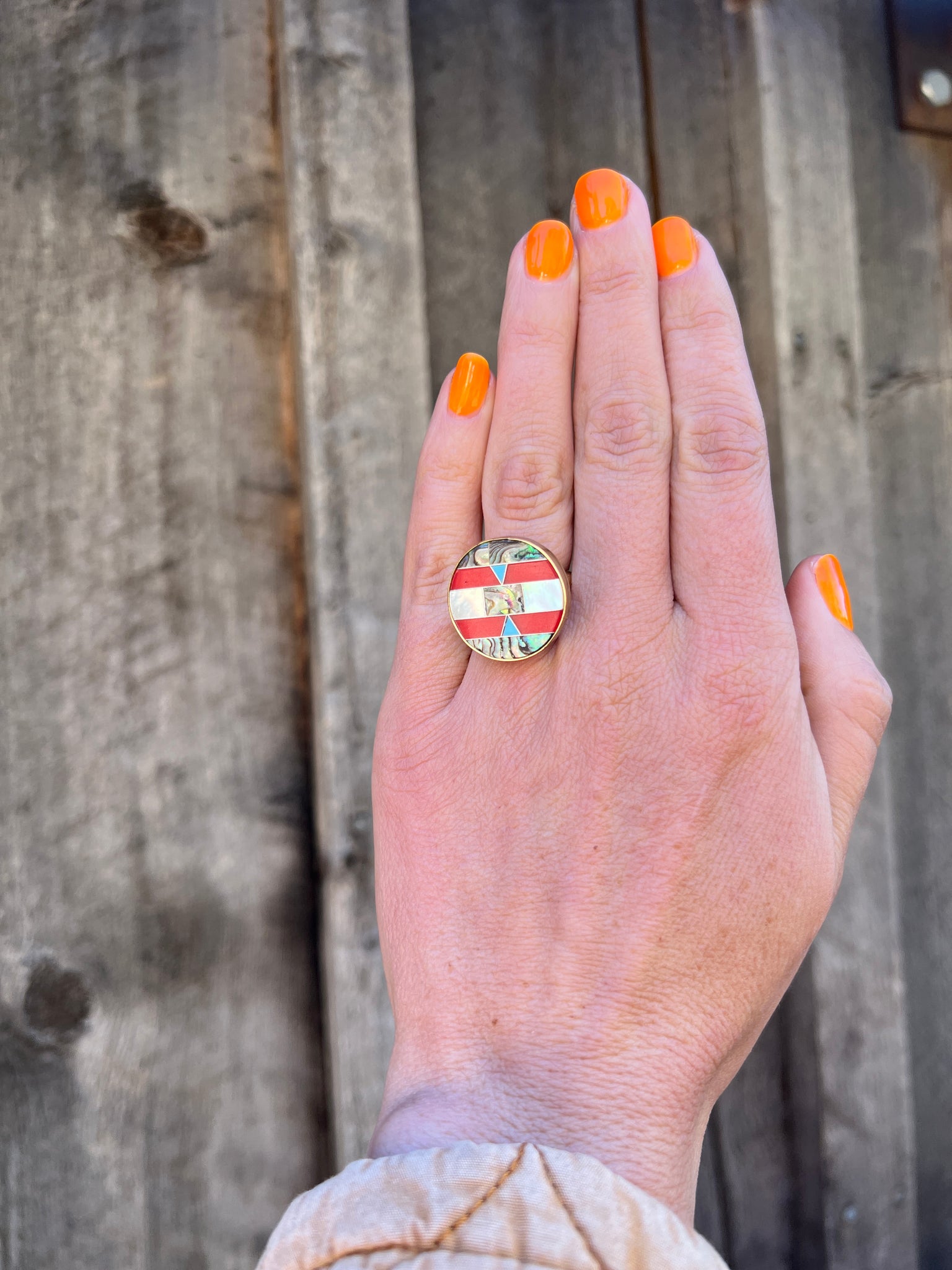Taos Turquoise, Mother of Pearl & Abalone Inlay Design Ring in Gold Alchemia Adjustable T1