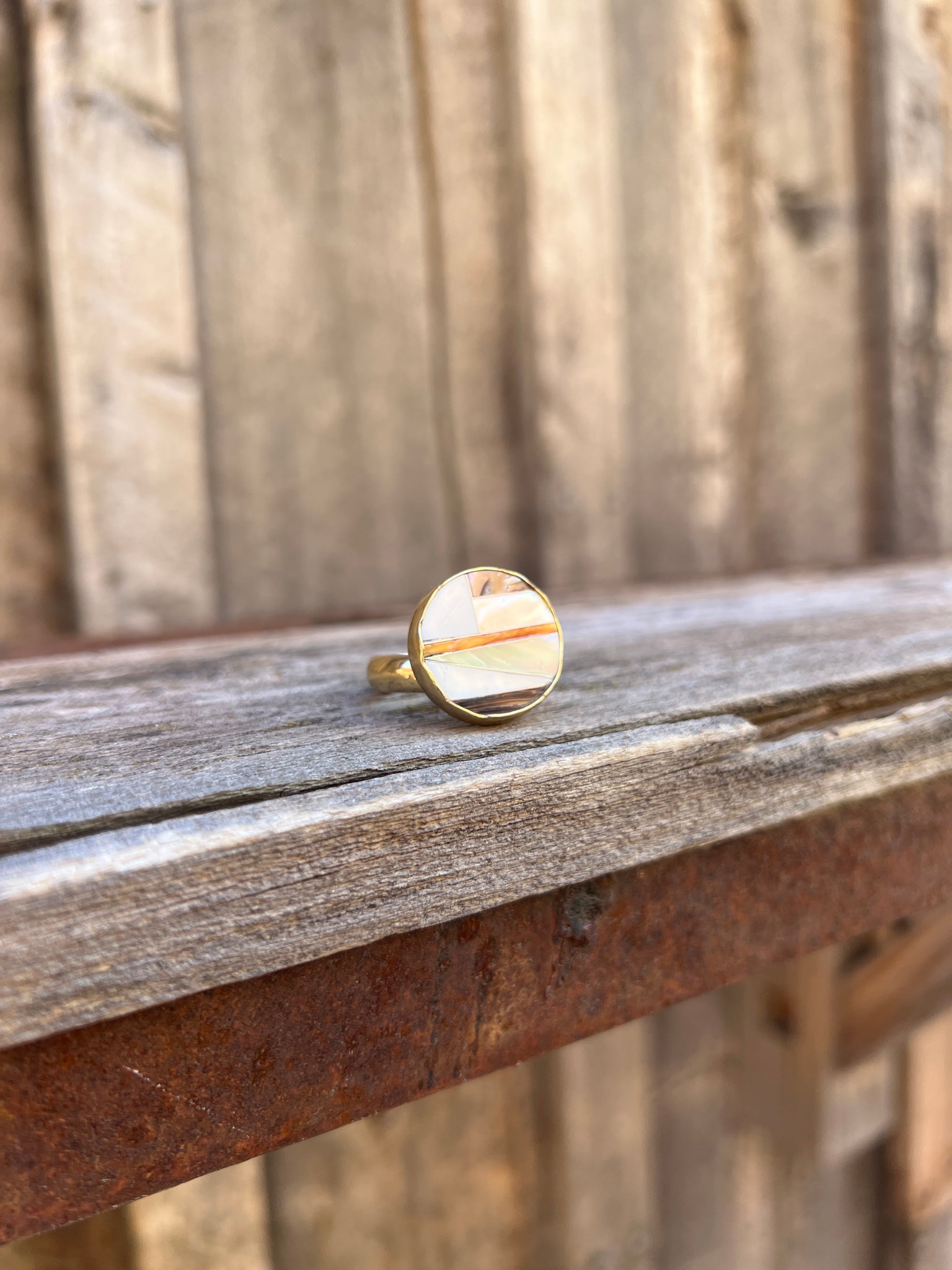 Coral, Mother of Pearl & Abalone Inlay Design Ring in Gold Alchemia Adjustable T2