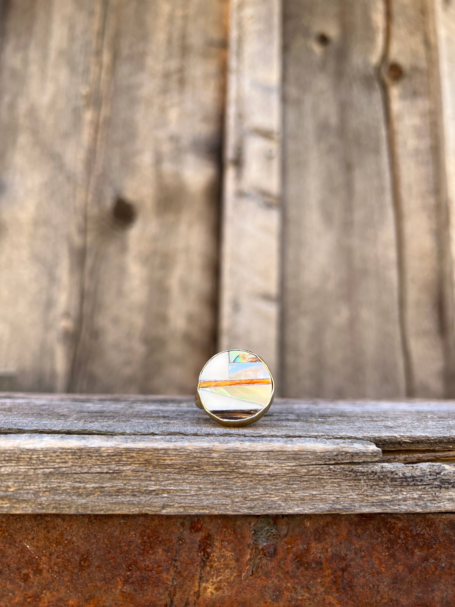 Coral, Mother of Pearl & Abalone Inlay Design Ring in Gold Alchemia Adjustable T2
