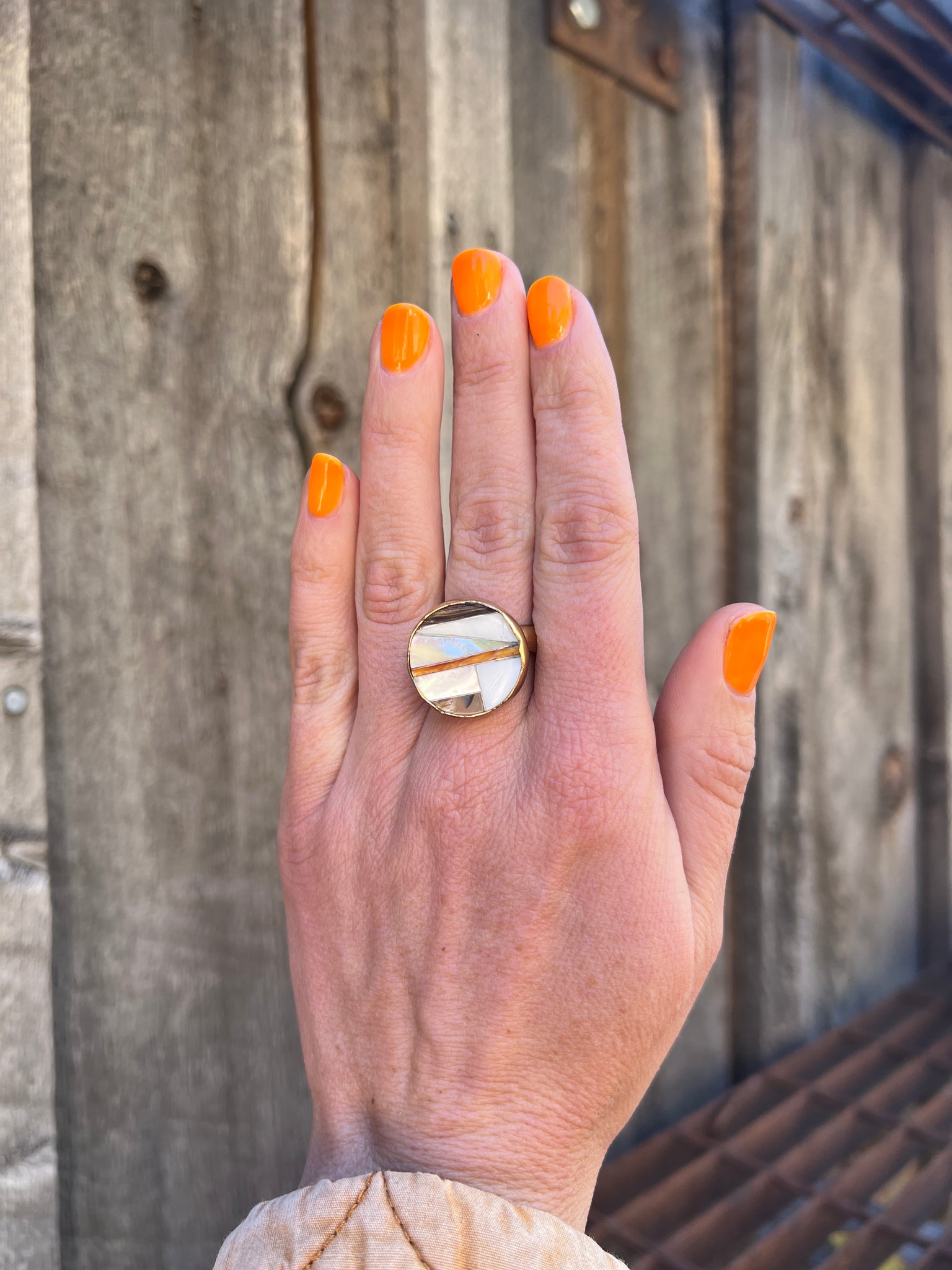 Coral, Mother of Pearl & Abalone Inlay Design Ring in Gold Alchemia Adjustable T2