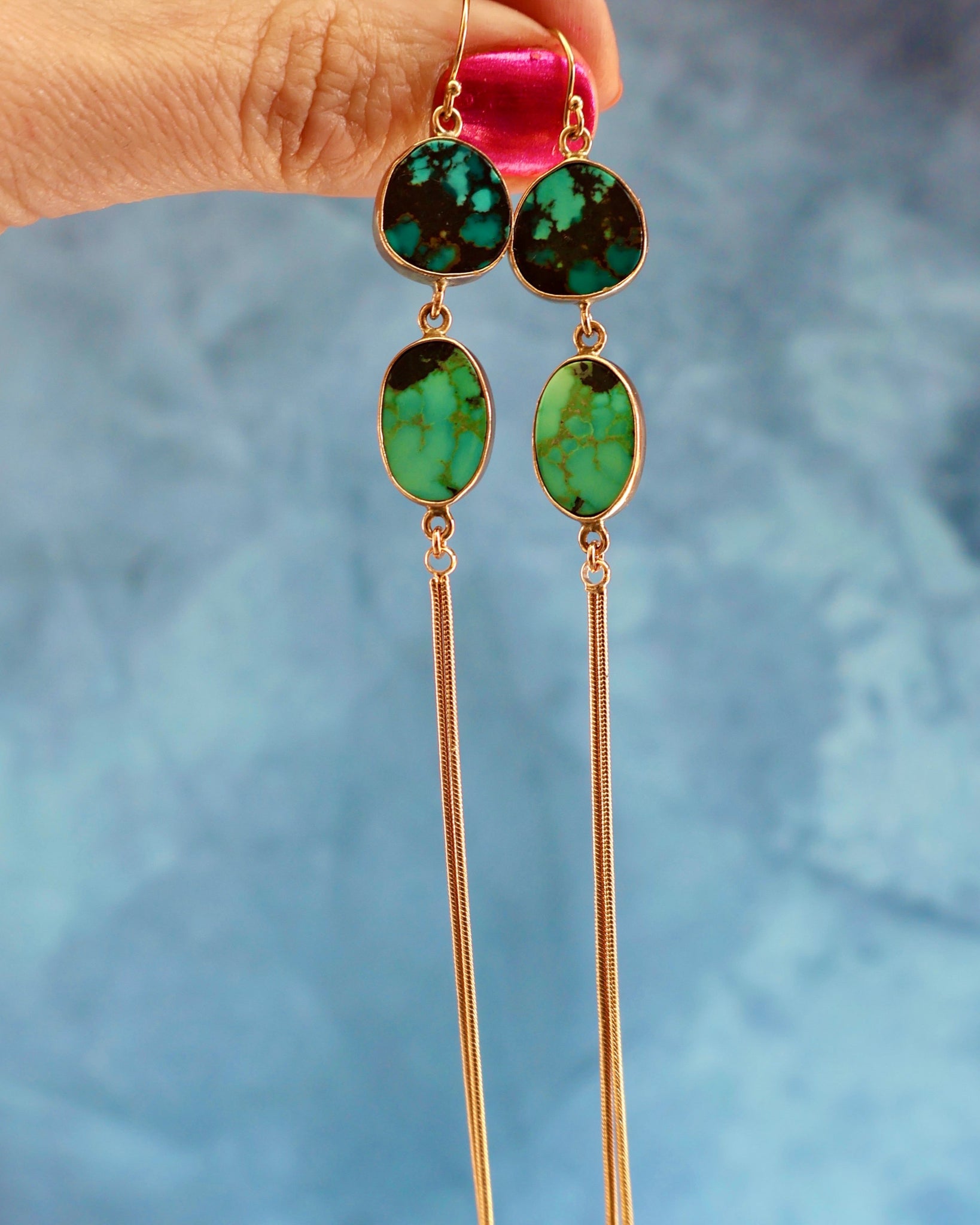 Hubei Turquoise & Sparkling Snake Chain Earrings in Gold Alchemia H13