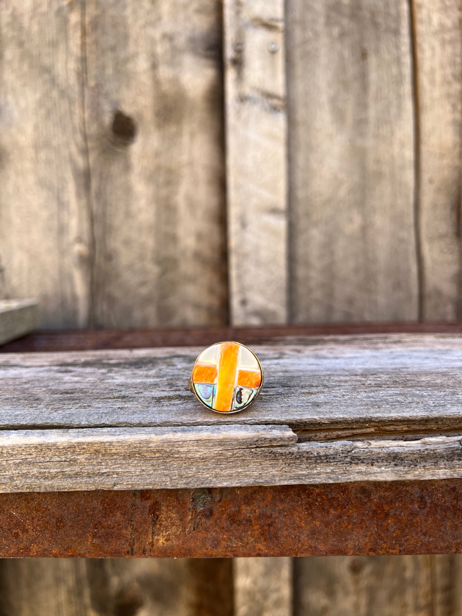 Coral, Mother of Pearl & Abalone Inlay Design Ring in Gold Alchemia Adjustable T3
