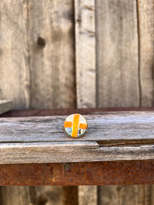 Coral, Mother of Pearl & Abalone Inlay Design Ring in Gold Alchemia Adjustable T3