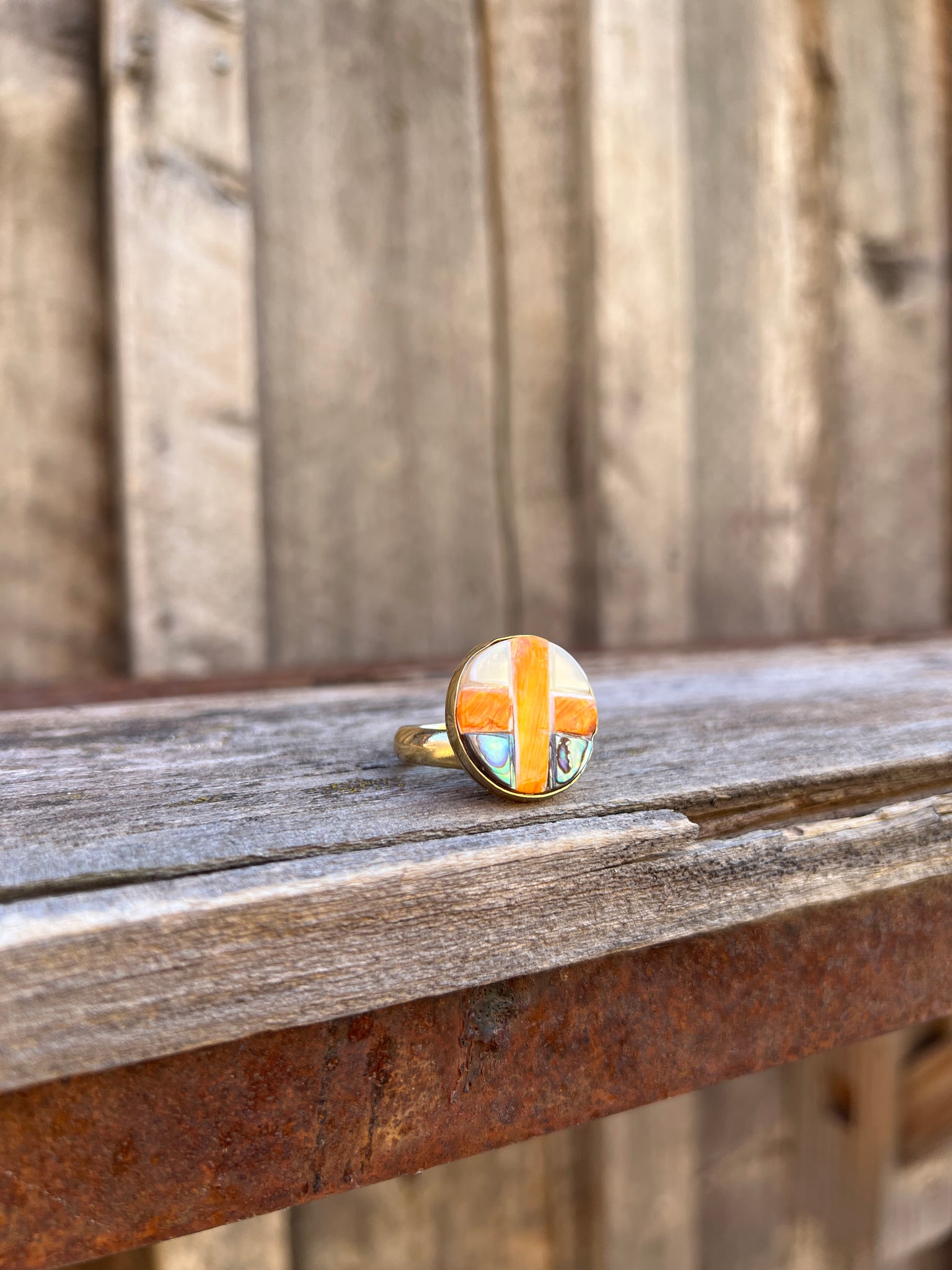 Coral, Mother of Pearl & Abalone Inlay Design Ring in Gold Alchemia Adjustable T3