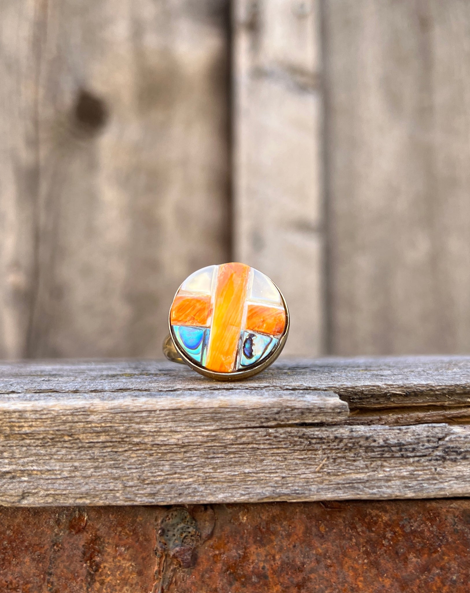 Coral, Mother of Pearl & Abalone Inlay Design Ring in Gold Alchemia Adjustable T3