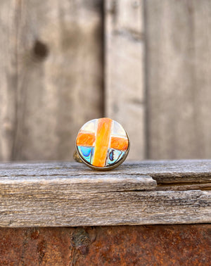 Coral, Mother of Pearl & Abalone Inlay Design Ring in Gold Alchemia Adjustable T3