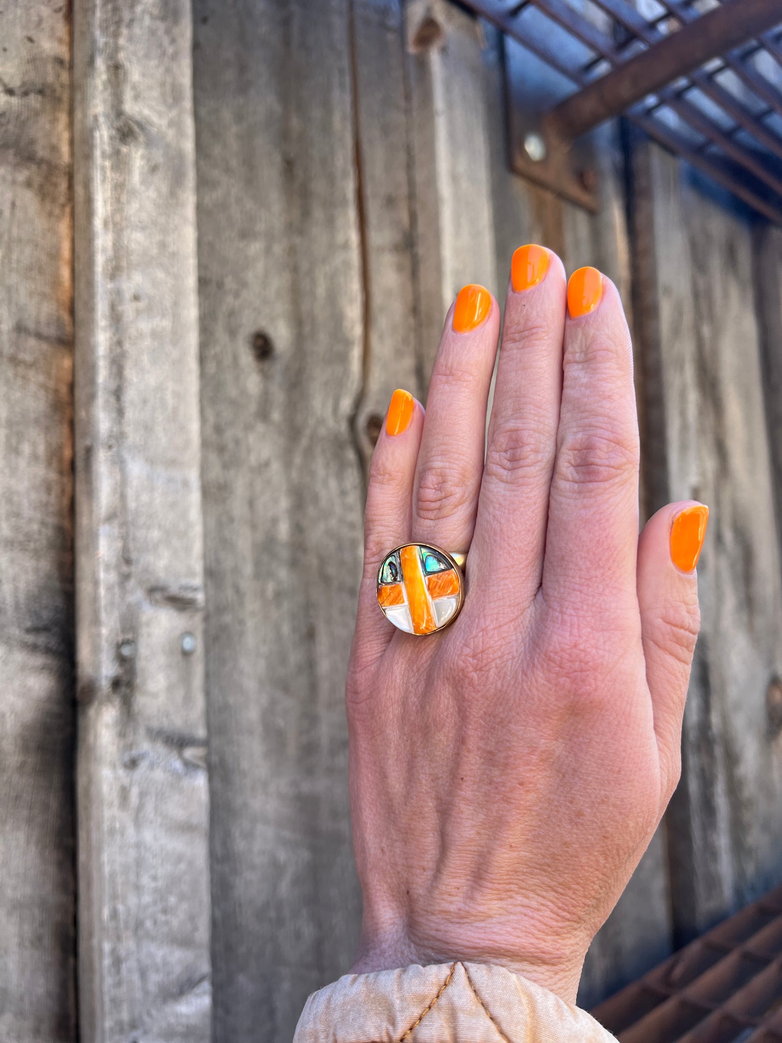Coral, Mother of Pearl & Abalone Inlay Design Ring in Gold Alchemia Adjustable T3
