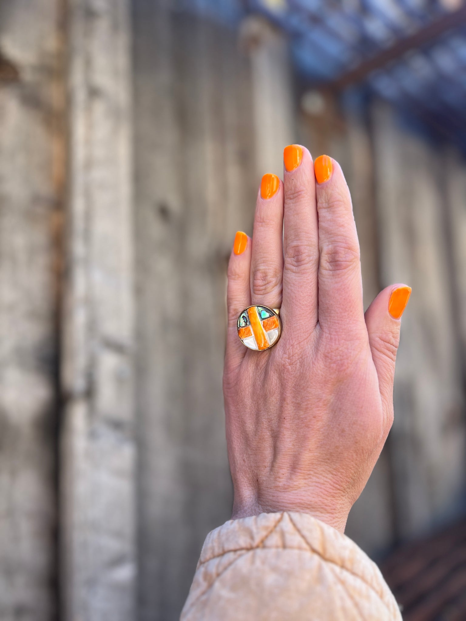 Coral, Mother of Pearl & Abalone Inlay Design Ring in Gold Alchemia Adjustable T3