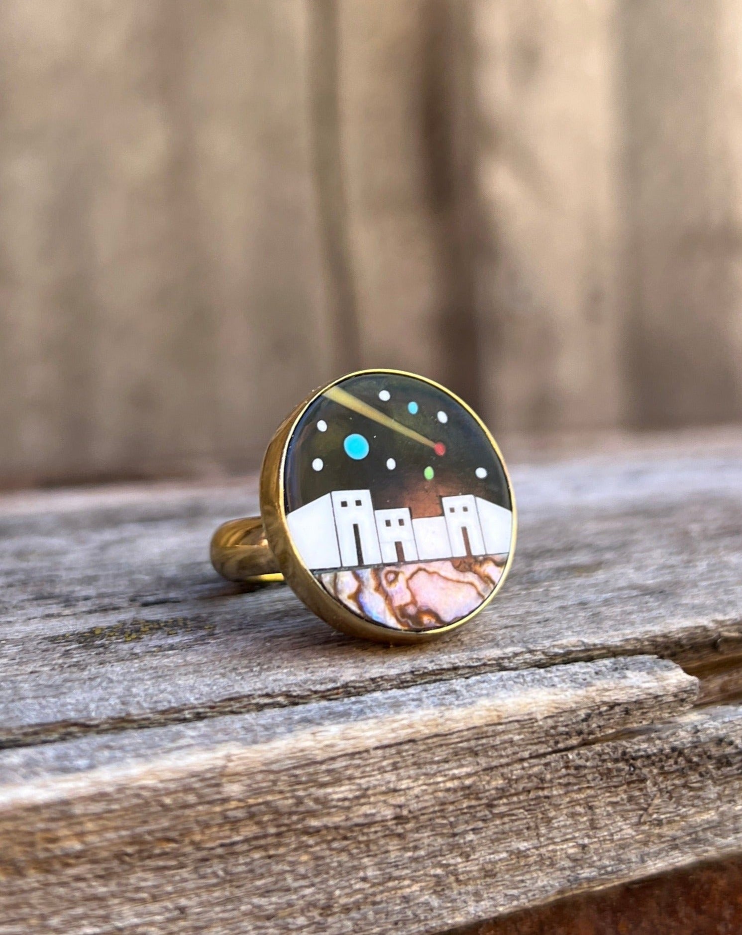 Shooting Star Mother of Pearl & Abalone Inlay Design Ring in Gold Alchemia Adjustable T4