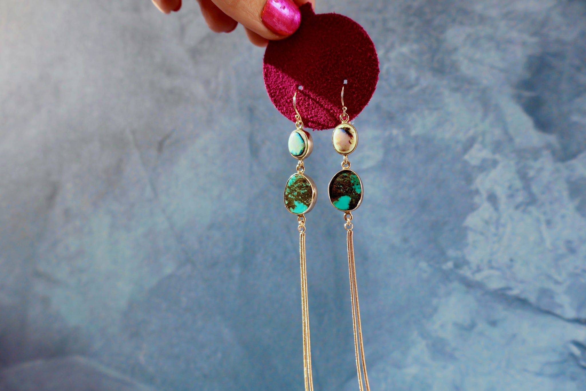 Opal & Hubei Turquoise & Sparkling Snake Chain Earrings in Gold Alchemia H16