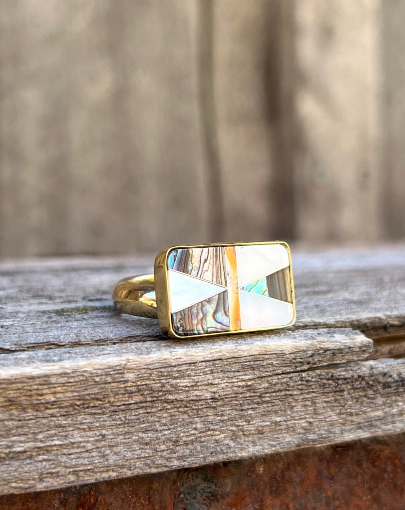 Mother of Pearl & Abalone Inlay Design Ring in Gold Alchemia Adjustable T5