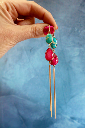 Pink Druzy & Turquoise Sparkling Snake Chain Earrings in Gold Alchemia H17