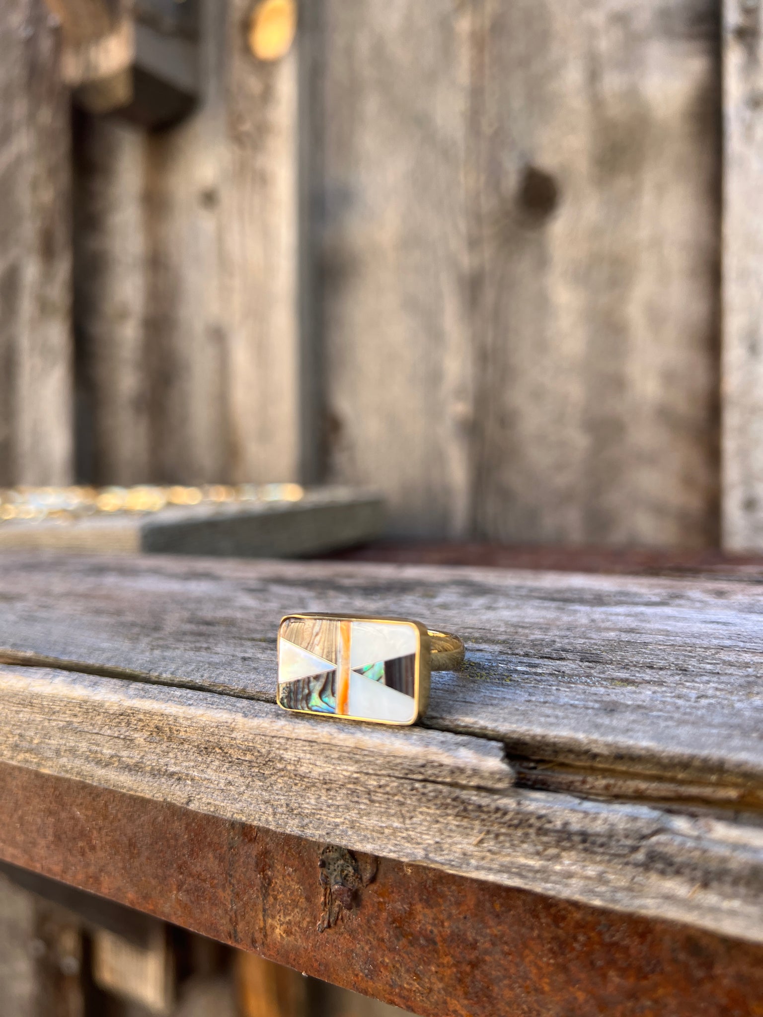 Taos Mother of Pearl & Abalone Inlay Design Ring in Gold Alchemia Adjustable T5