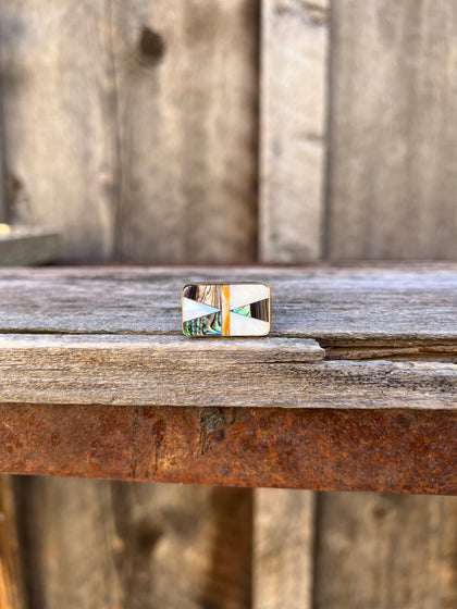 Taos Mother of Pearl & Abalone Inlay Design Ring in Gold Alchemia Adjustable